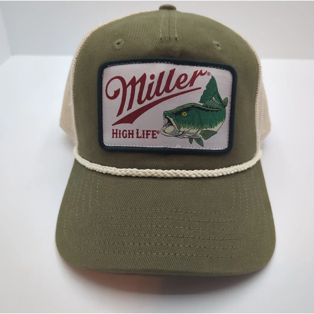 Miller High Life Bass Fishing Trucker Hat Olive Green Tan Snapback Rope Cap NEW